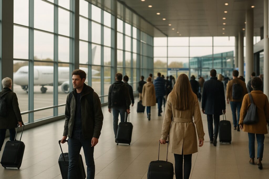 Reisende mit Koffern in einer hellen Flughafen-Abflughalle, ein Flugzeug wartet auf dem Vorfeld