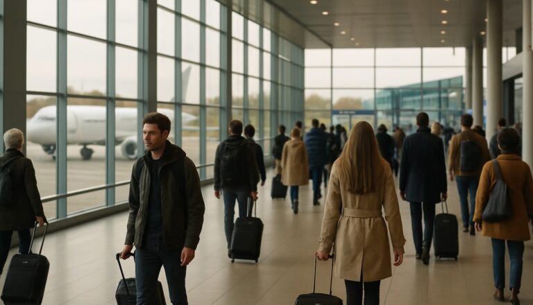 Reisende mit Koffern in einer hellen Flughafen-Abflughalle, ein Flugzeug wartet auf dem Vorfeld